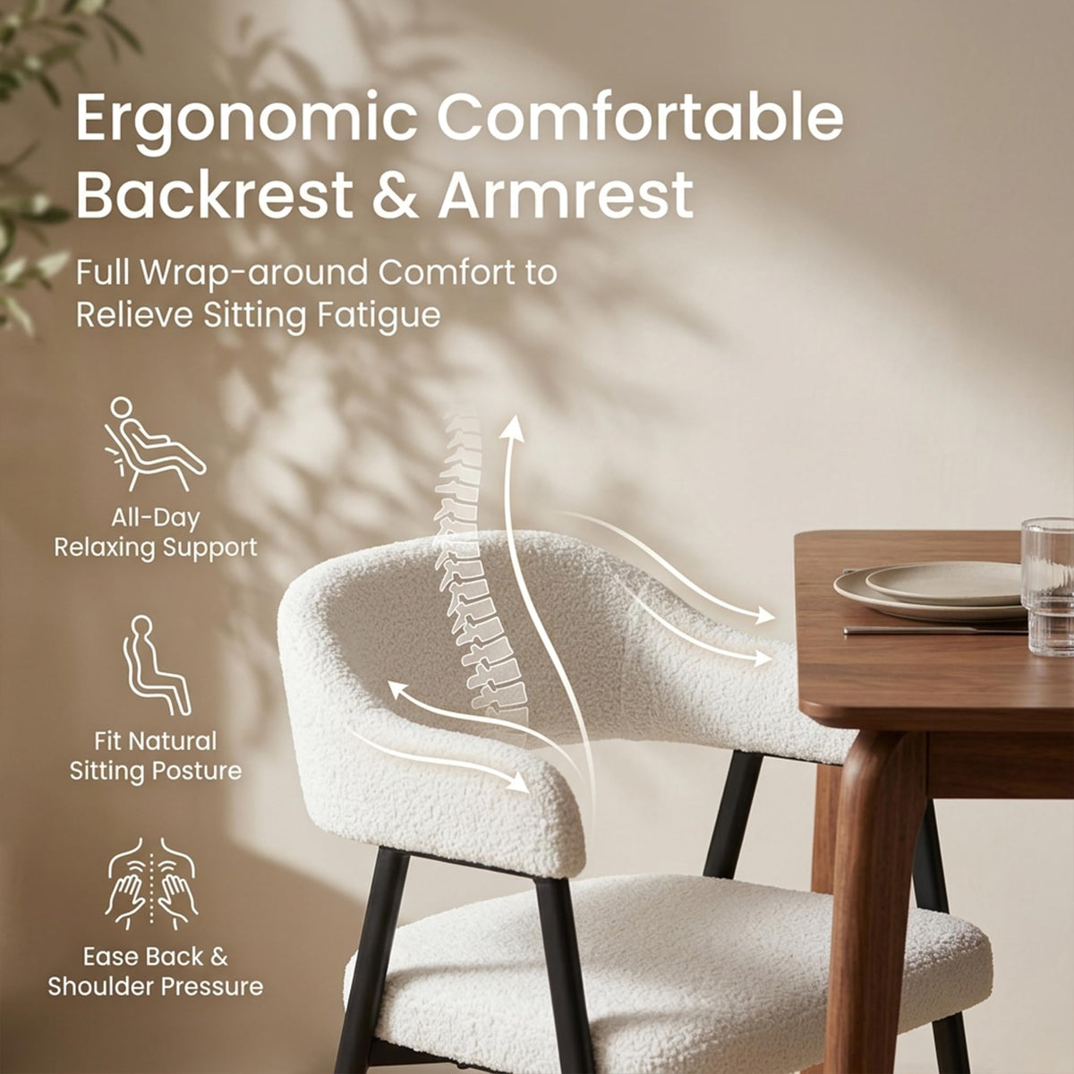 Modern Dining Room Arm Chairs Set of 2, Mid-Century White Faux Sherpa Boucle Upholstered Barrel with Arms, Black