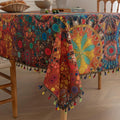 Boho Tablecloth for Square Tables, Fringed Edges with Geometric Pattern Tablecloths, Farmhouse Floral Table Cover Cloth