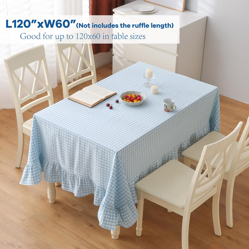 Light Blue White Gingham Ruffle Tablecloth Rectangular 120"x60"