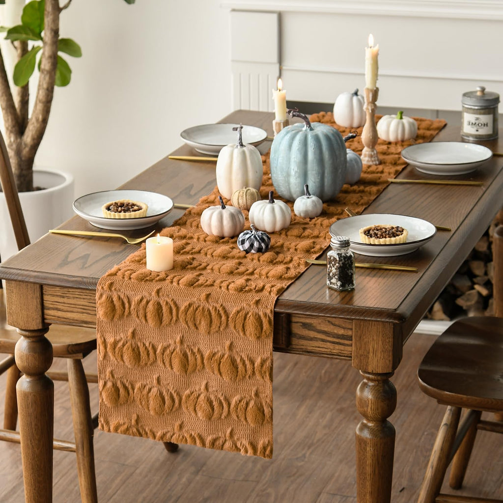 Caramel Soft Faux Fur Pumpkins Fall Table Runner 13x72 Inch