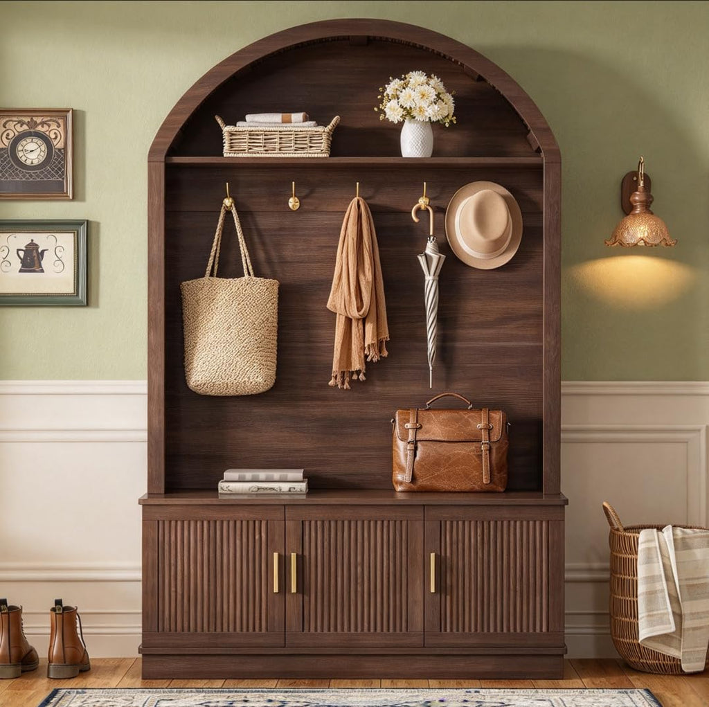 Hall Tree with Bench and Shoe Storage, Farmhouse Hall Tree with 5 Metal Hooks, Mudroom Furniture with Shelves