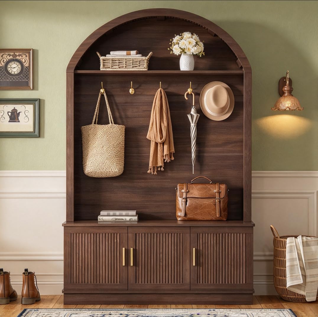 Hall Tree with Bench and Shoe Storage, Farmhouse Hall Tree with 5 Metal Hooks, Mudroom Furniture with Shelves