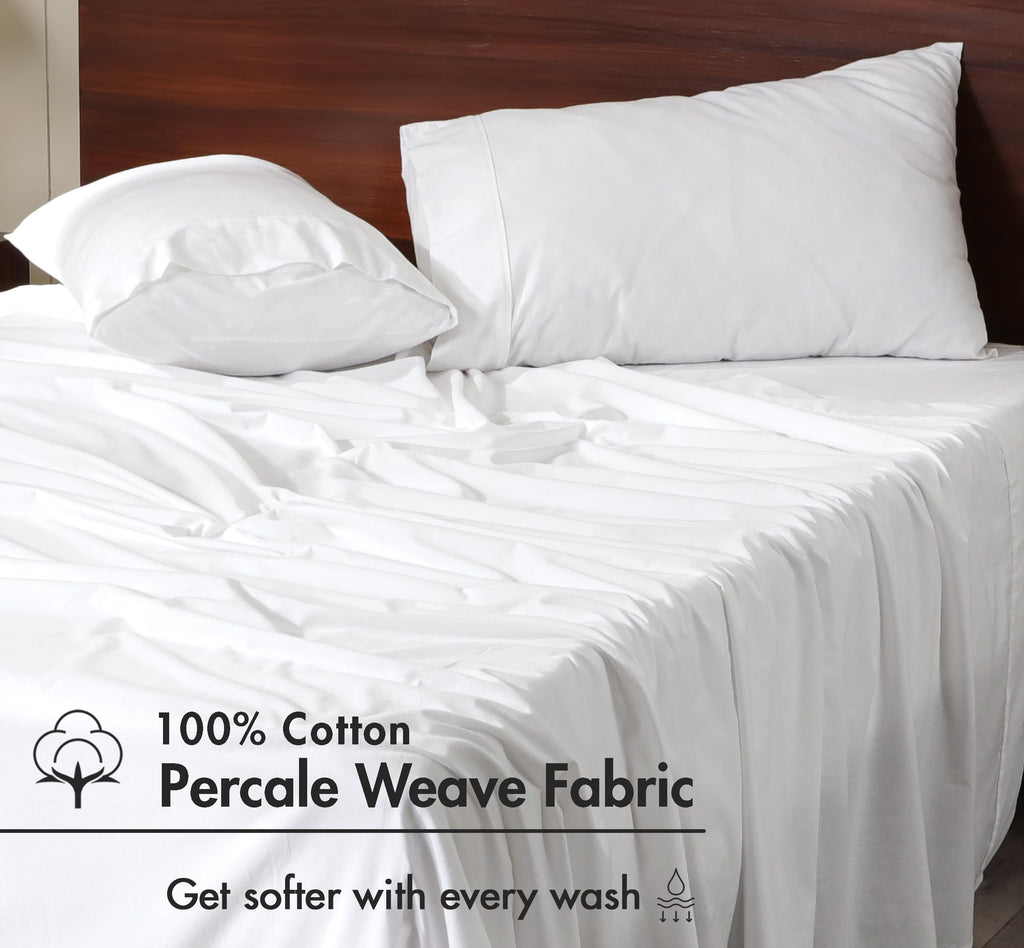 100% Cotton King Sheets, Percale King Size Sheets Set, Bright White