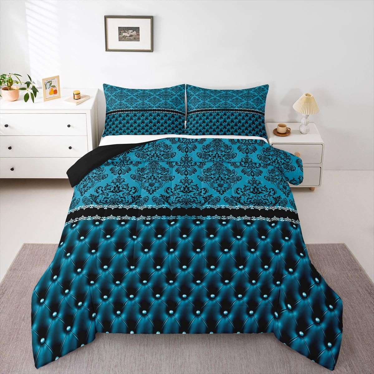 Blue and Black Damask Bedding Set Adults Comforter Set