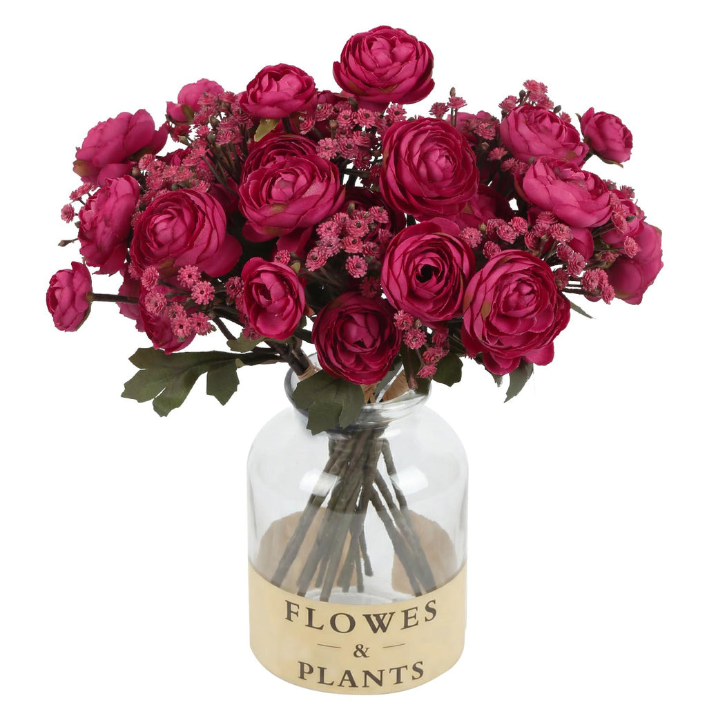 Hot Pink Ranunculus Artificial Flowers 5 Bouquets Fake Silk Mini Ranunculus with Stem 15PCS Faux Peonies Spring