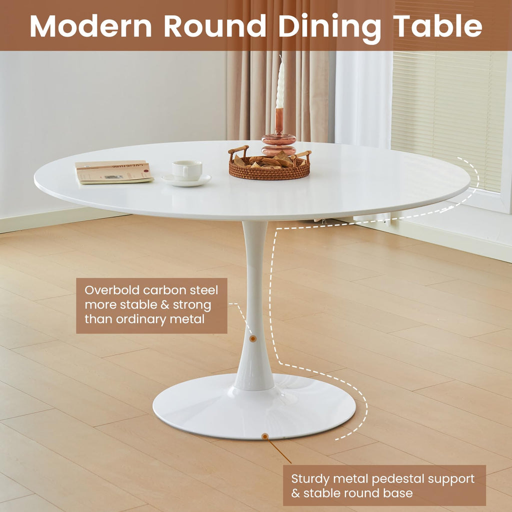 Inspired Saarinen Style Round Dining Tulip Table for 4, Mid-Century Modern Table with Sturdy Metal Pedestal, Bistro, Cafe, Leisure (White