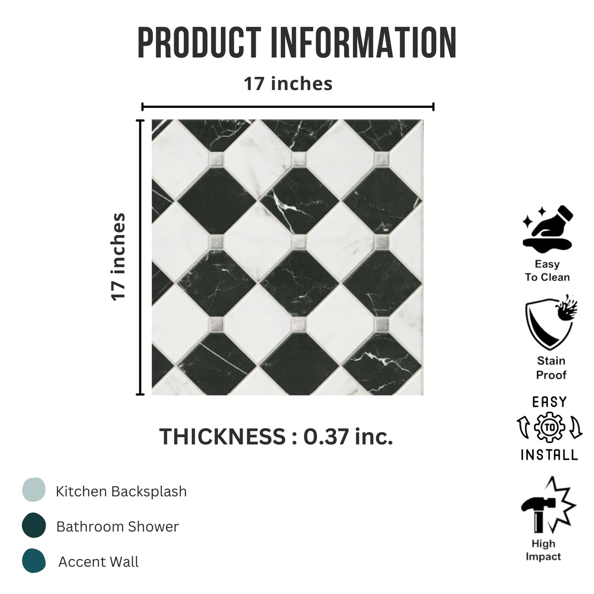 17" x 17" Black & White Matte Marble Look Checkerboard Porcelain Tile, Floor & Wall Tile, Fireplace & Commercial