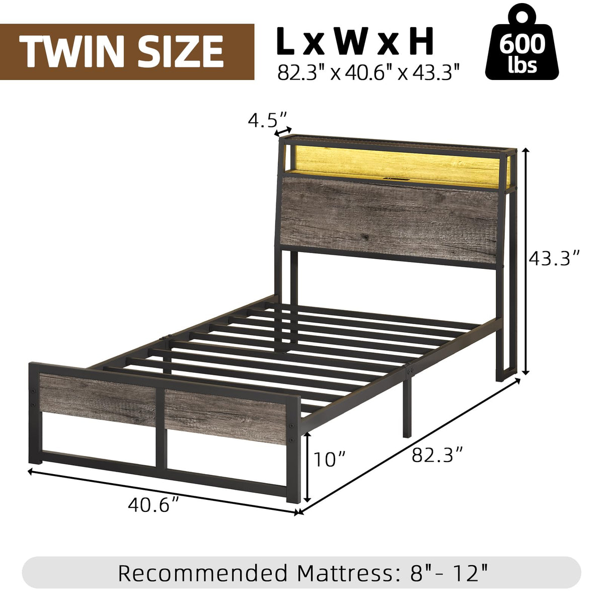 Bed Frame with LED Lights and Charging Station, Farmhouse Metal Platform Bed Frame with Storage Headboard