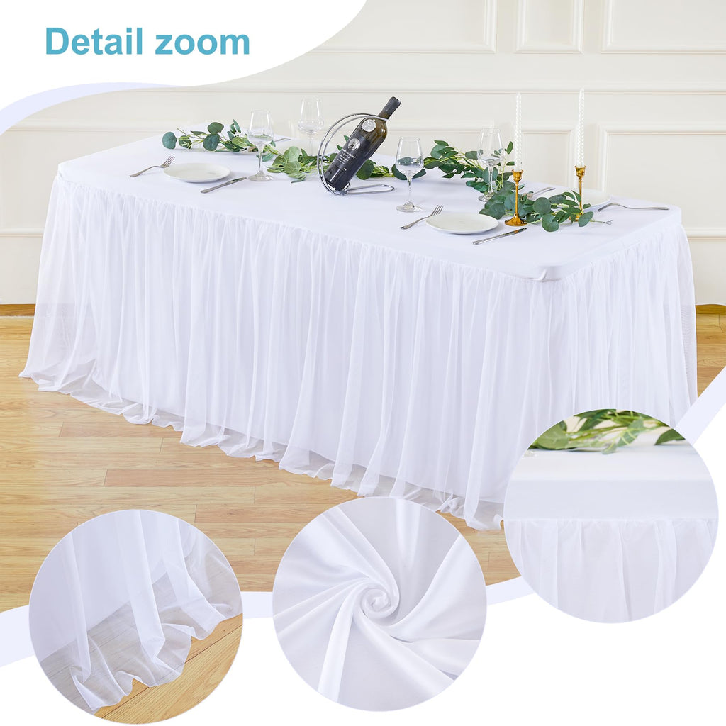 Table Cloths 6 Foot Rectangle Stretch Ruffle Tulle Tablecloth Spandex Fitted Table Cover for 6 Foot Tables White