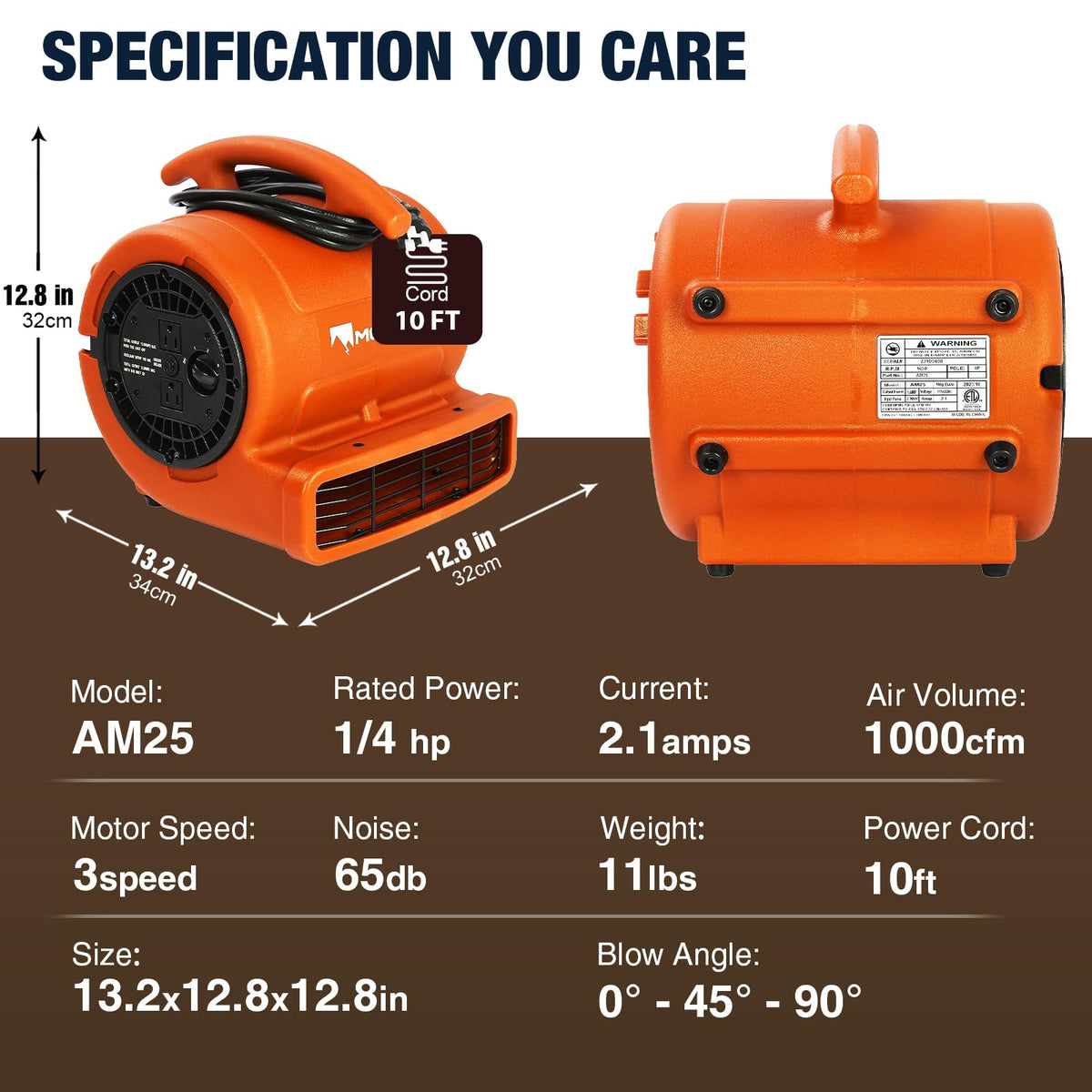 1/4hp 1000CFM 2 Speed Air Mover Carpet Dryer Floor Fan Cooling Fan (Orange)