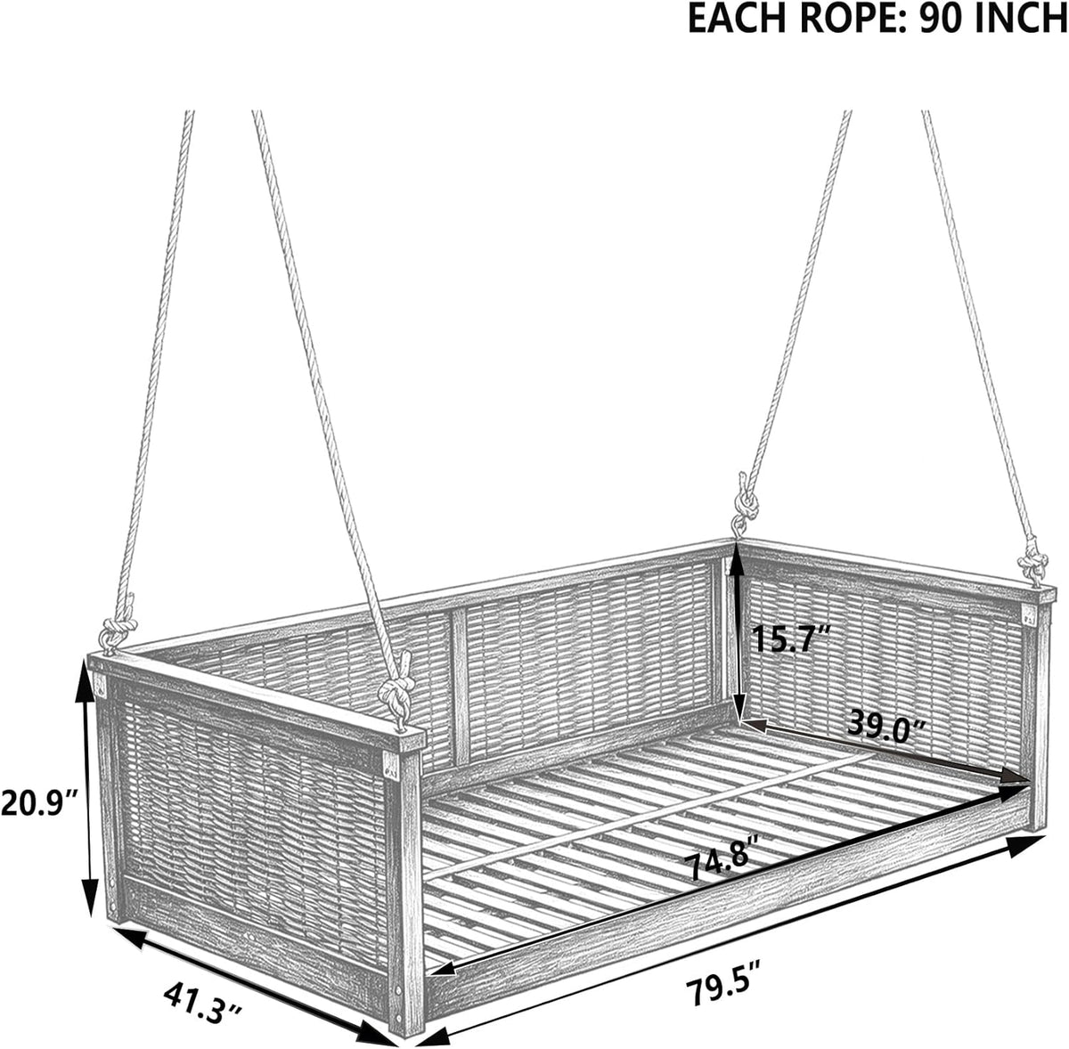 79.5in Acacia Wood Porch Swing Bed, Rattan Hanging Outdoor Daybed, Black | Hand-Woven Rattan And Acacia Wood Frame;