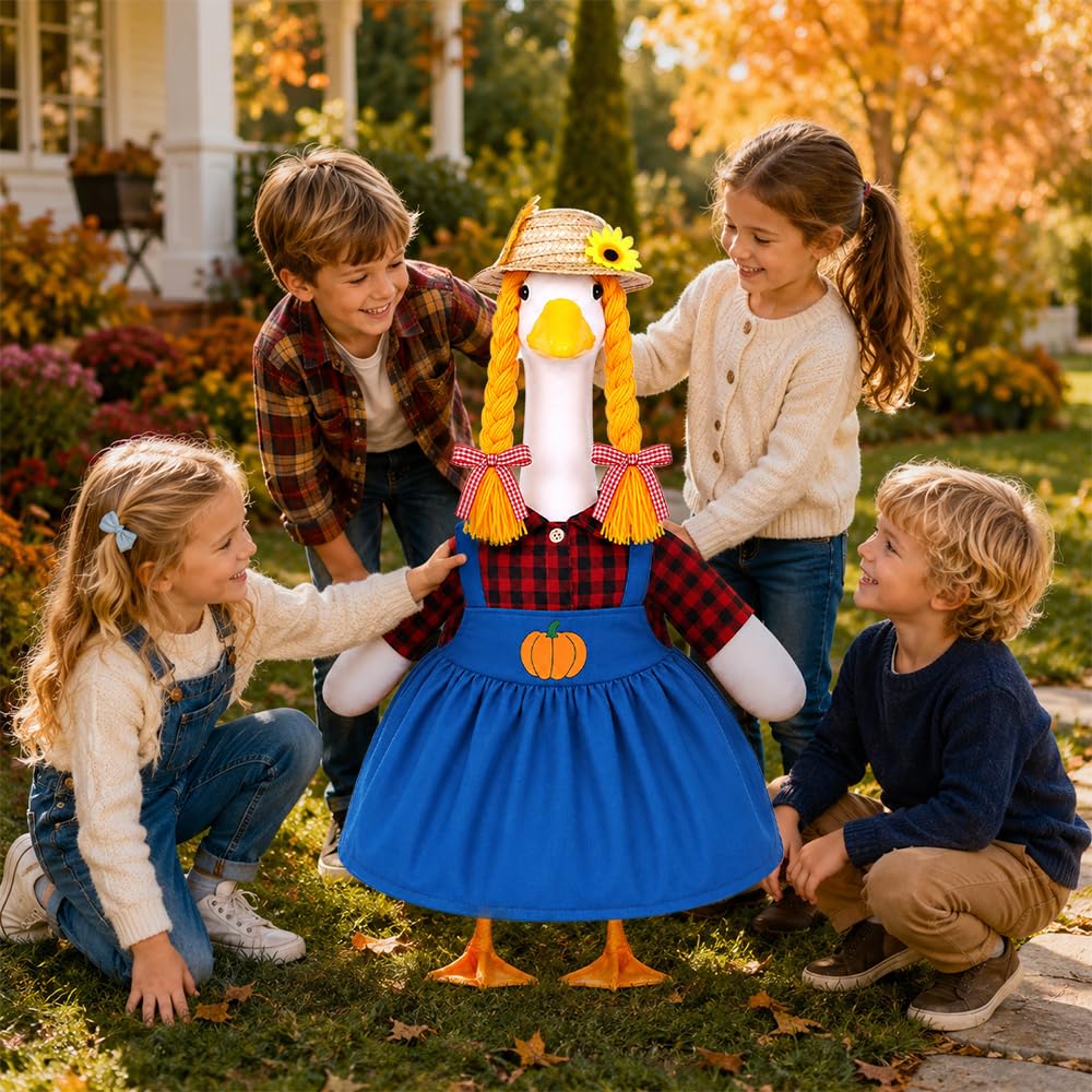Fall Porch Goose Outfits Pumpkin Dress for 23" Plastic Cement Porch Goose Statue for Harvest Autumn Girl Outdoor