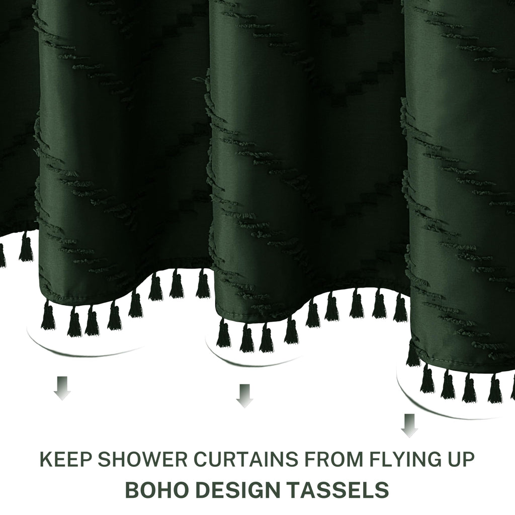 Extra Long Dark Green Boho Shower Curtain with Tassel, Woven Fabric 96 in Shower Curtain, Tufted Chevron Striped, 72