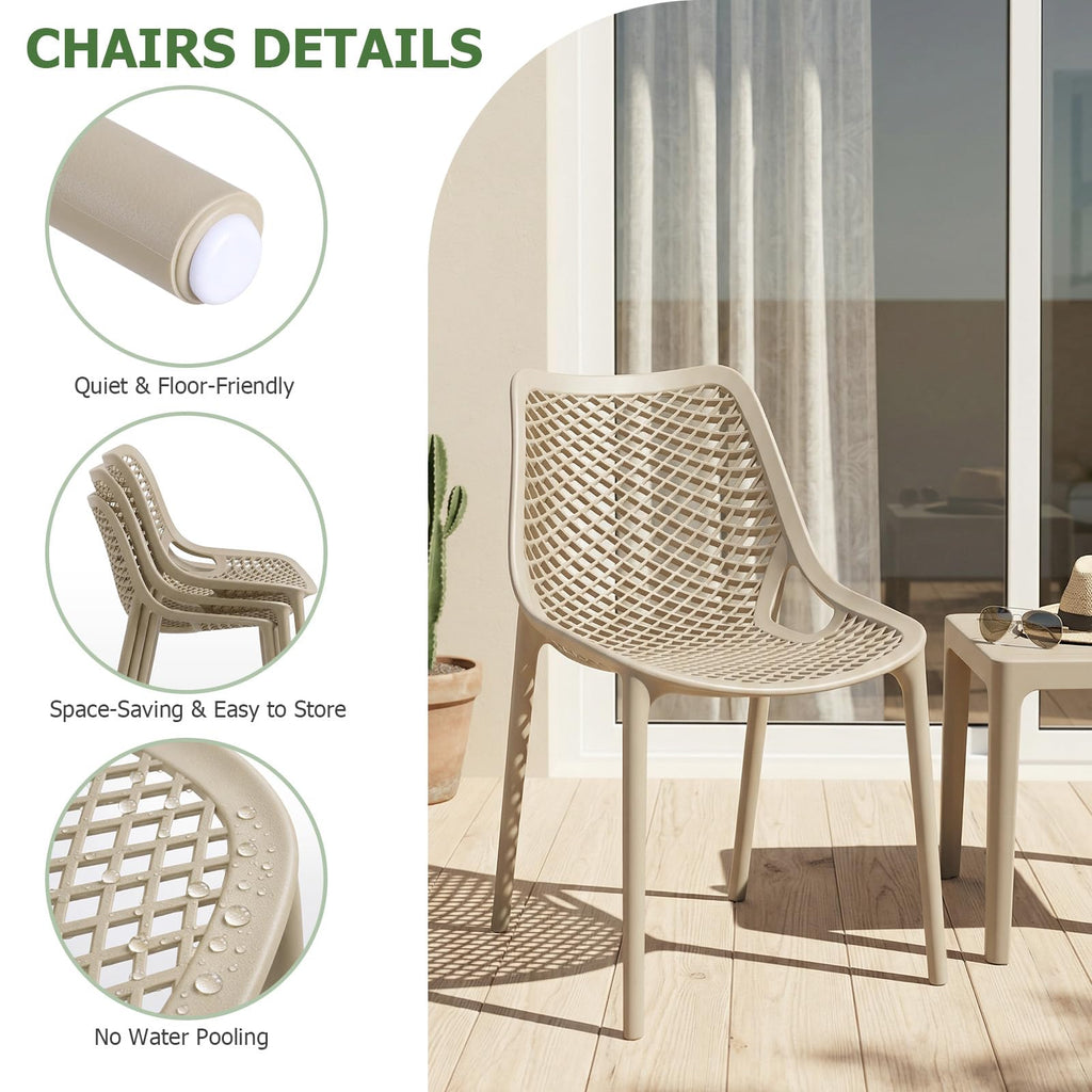 4 Pack Outdoor Patio Chairs, Plastic Dining Chairs, Beige
