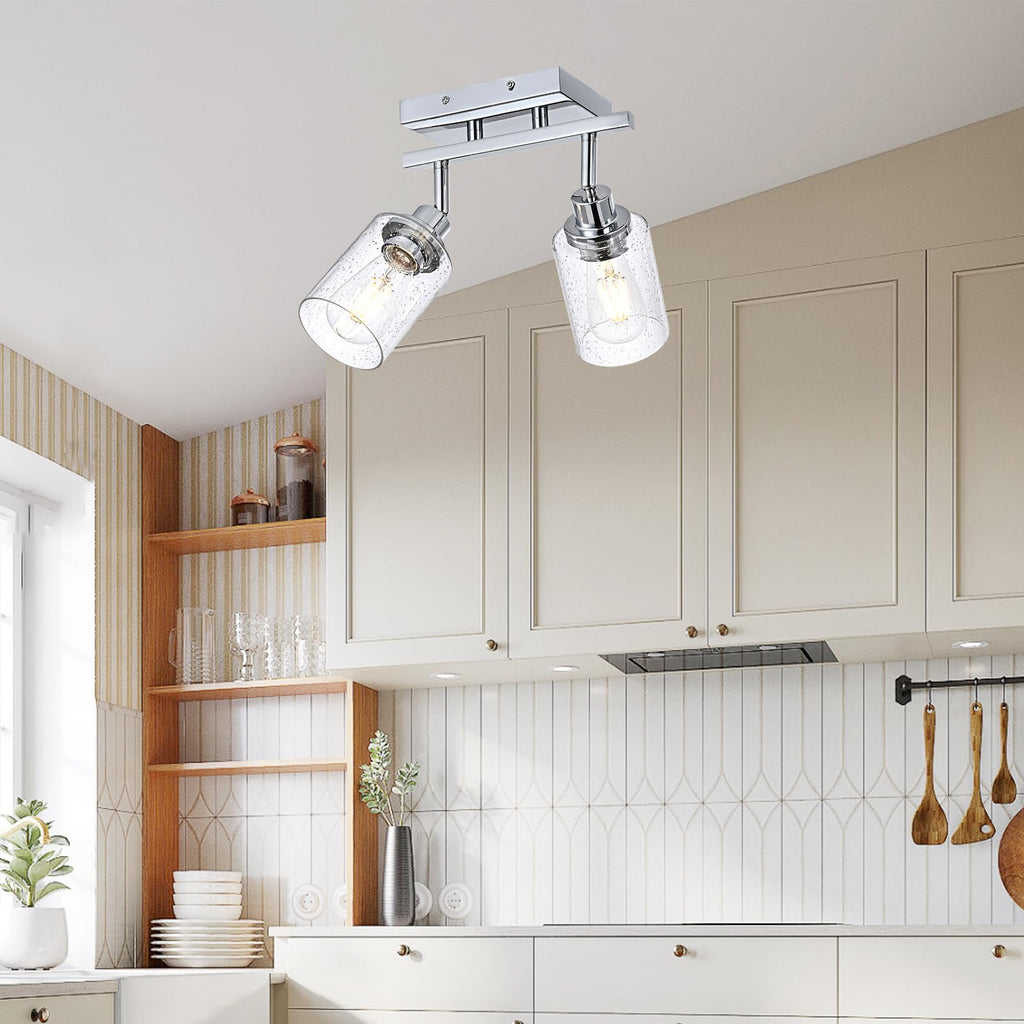Chrome Track Lighting Kit Ceiling Kitchen Track Light Fixture with Seeded Glass, Multi-Directional Rotating