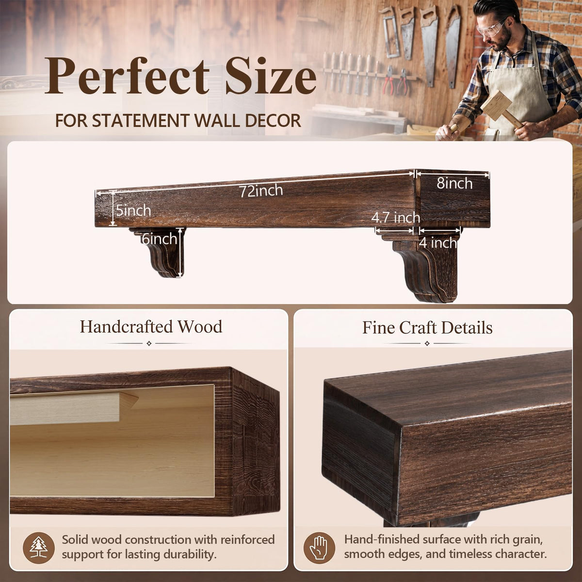 72 Inch Fireplace Mantel Shelf with Corbels Solid Wood Rustic Walnut Finish