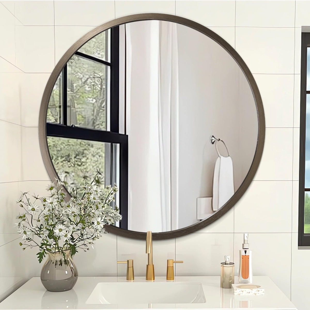 Wall Mirror Small Round Bathroom Mirror Metal Brushed Framed Rounded Corner Ative Hanging Mirror Bedroom Entryway