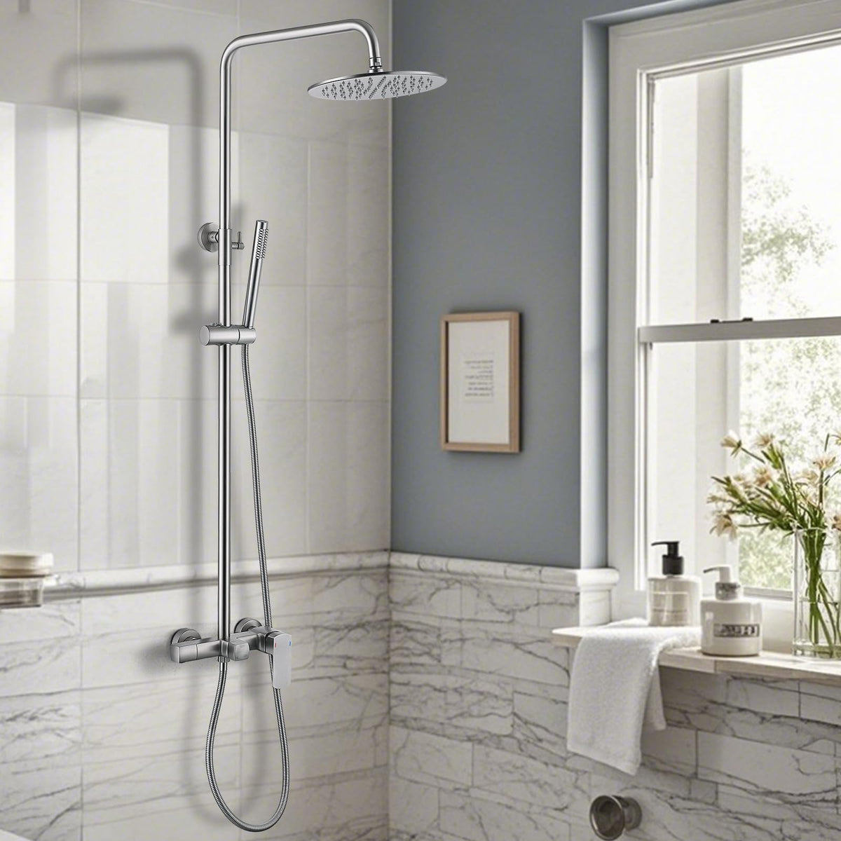 Exposed Shower System with Tub Spout, Brushed Nickel Exposed Pipe Shower Faucet with 3 Functions Brass Shower Valve