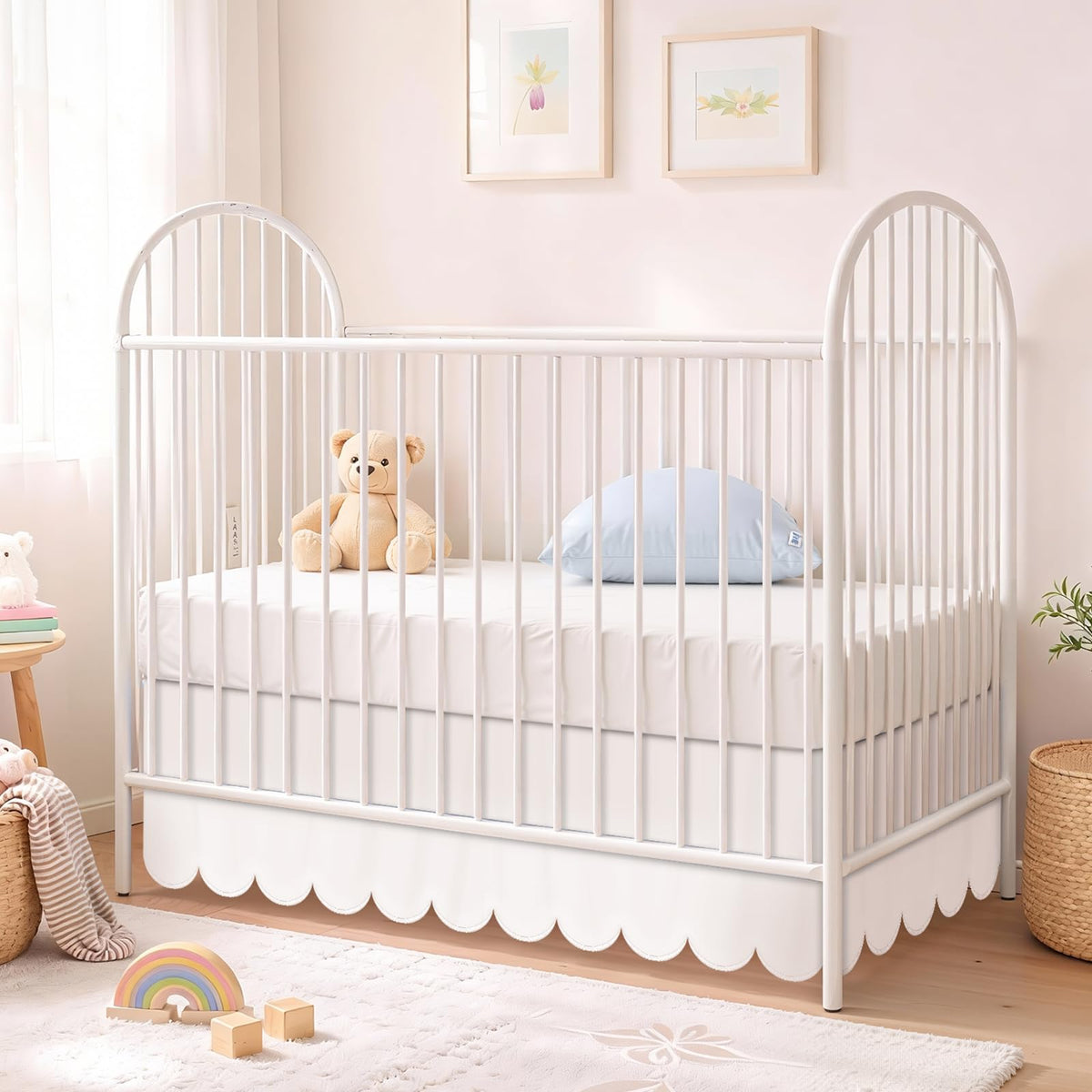 28 x 52 Inch White Scalloped Crib Skirt, 14 Inch Drop