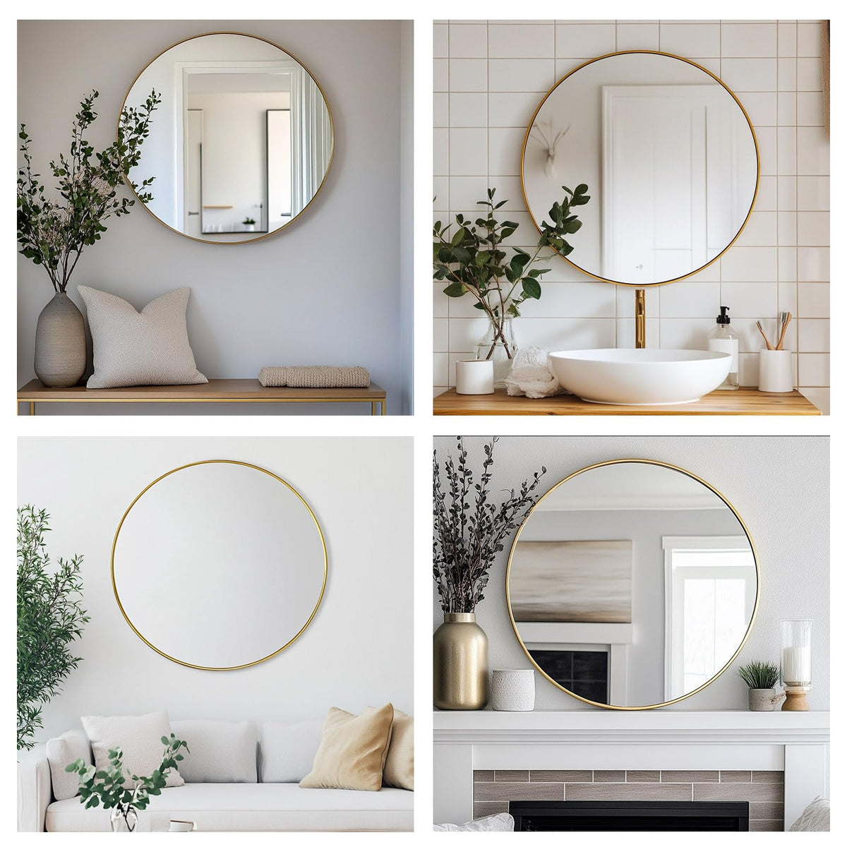 Round Mirror, 24 inch Glold Circle Mirror, Bruhsed Gold Metal Frame
