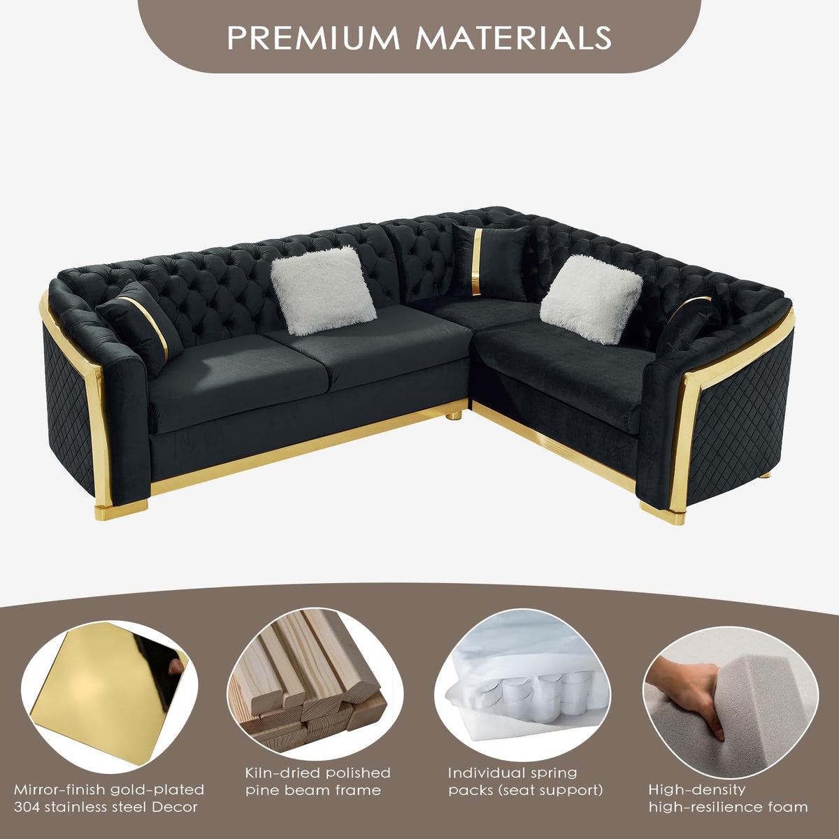 106" Oversize Button Tufted Chesterfield Sectional Sofa Set, Velvet L-Shaped Luxury Couches with Gold Stainless Steel