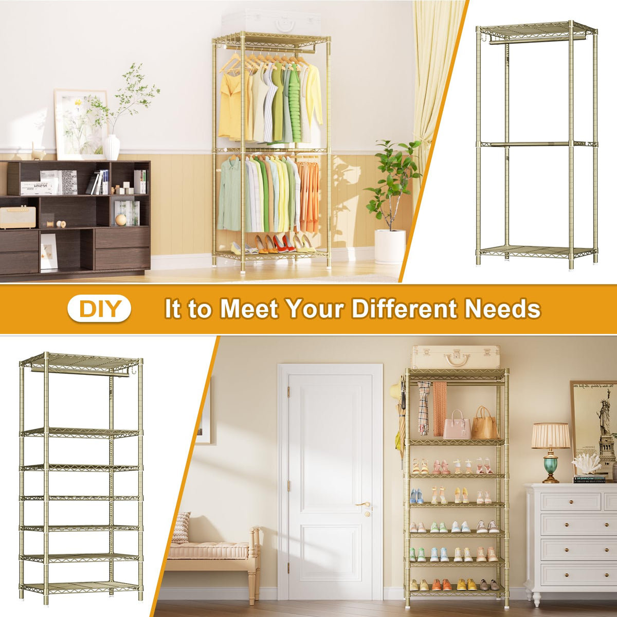 E13 Heavy Duty Clothes Rack(With 4 Hanger Rods & 8 Shelves) Freestanding Clothing Racks for Hanging