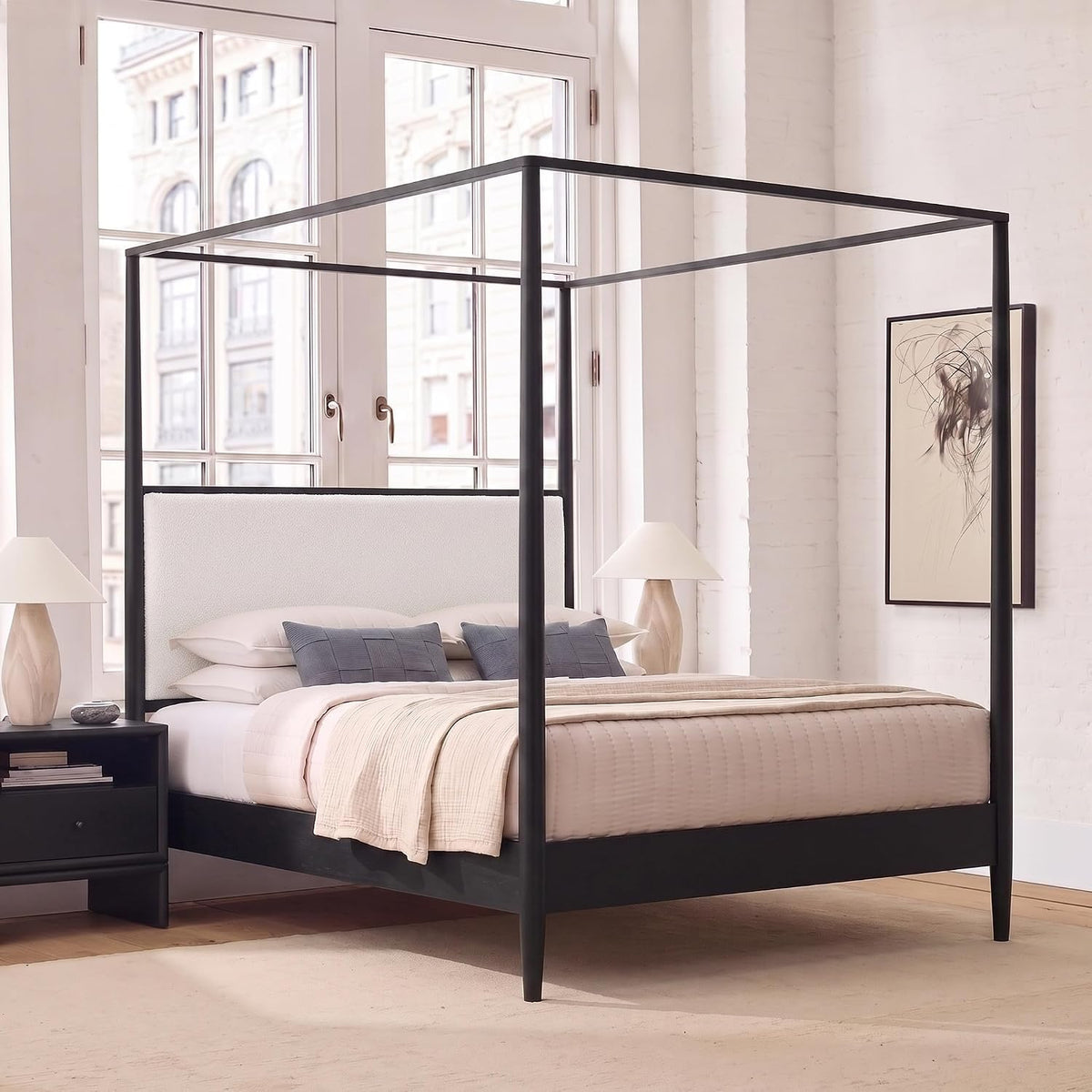 Solid Wood Canopy Bed Frame with Upholstered Headboard