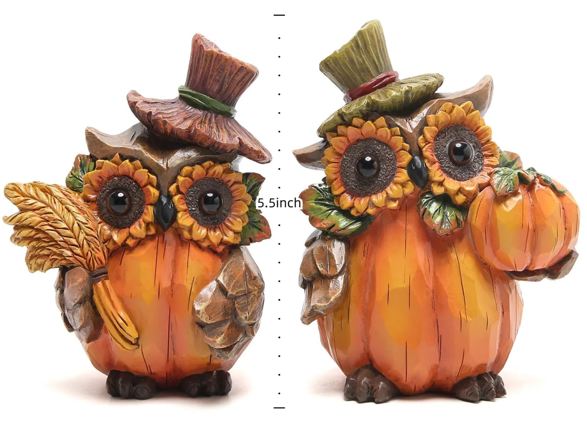 Harvest Decor Resin Owl Figurines with Sunflower and Pumpkin, Thanksgiving Collectible Statue for Autumn Table Decor