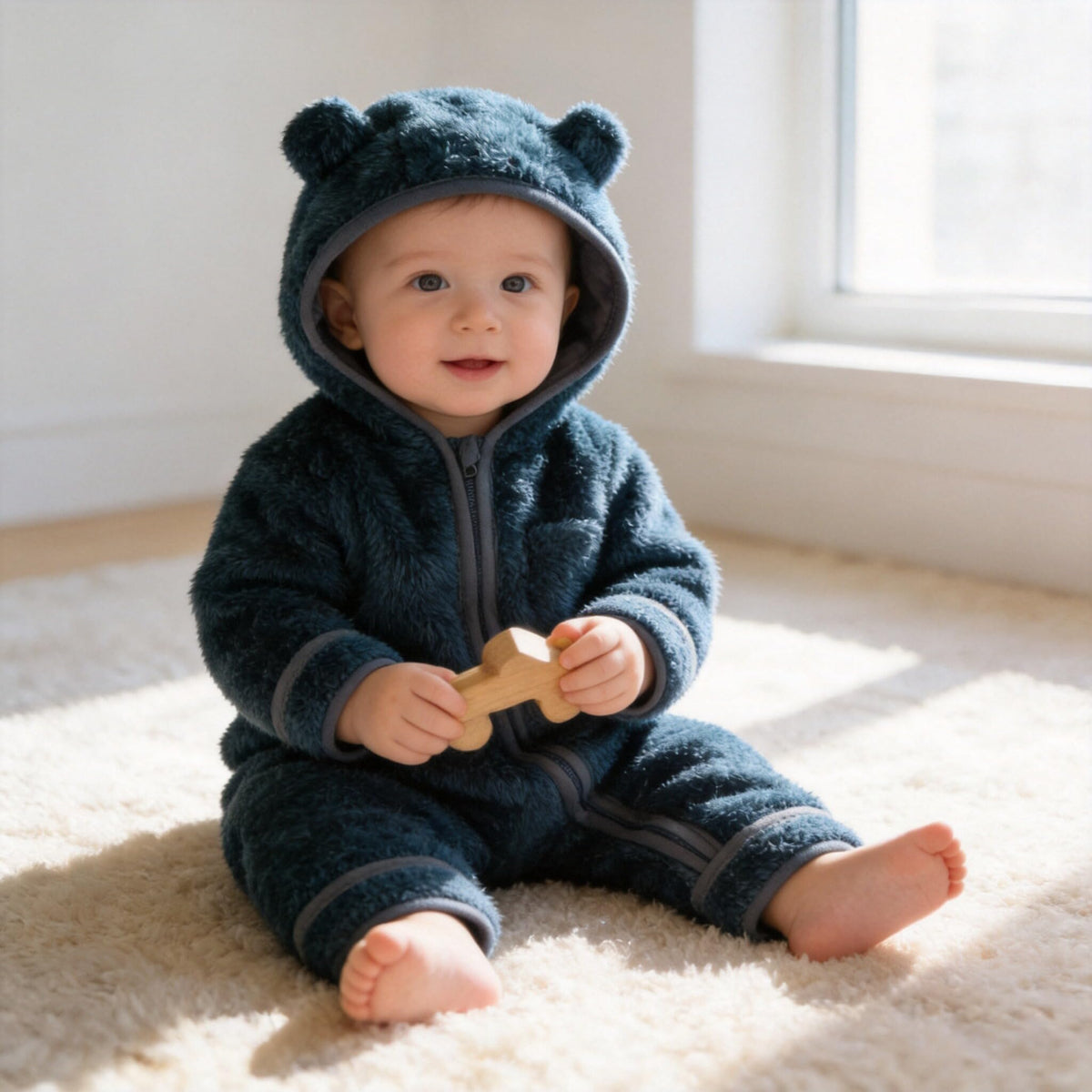 Newborn Baby Boys Girls Bear Hooded Fleece Snowsuit,Navy blue