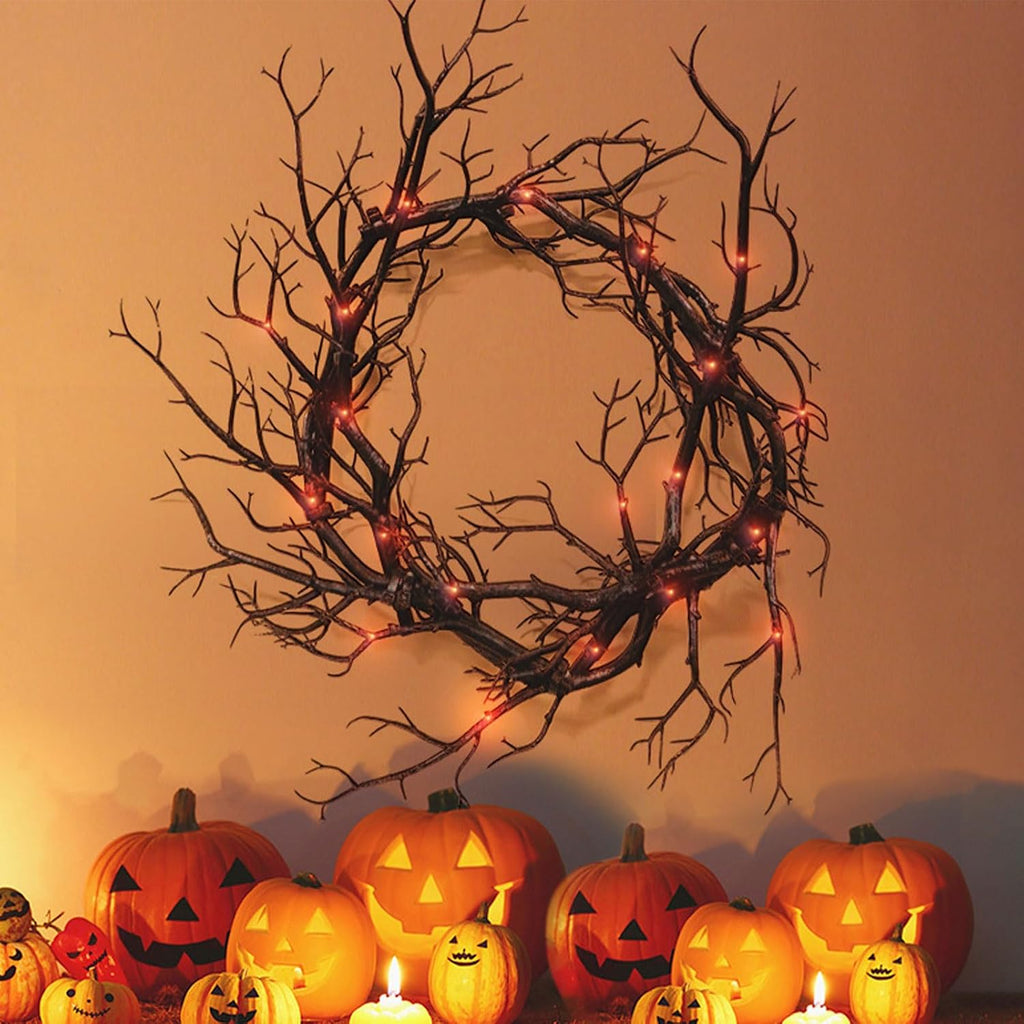 Spooky Halloween Wreath with Red Lights - Glitter Black Branch Handcrafted Decor for Front Door, Indoor/Outdoor Party