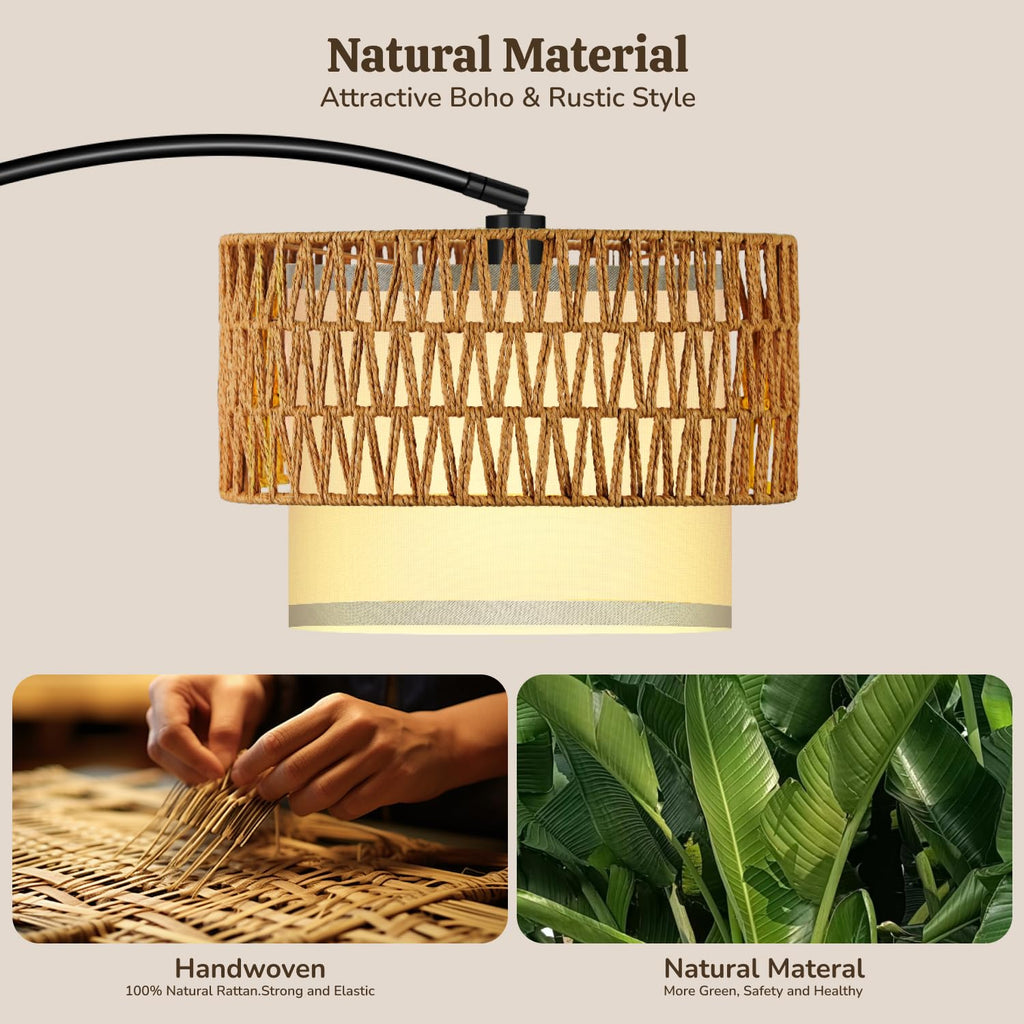 Arc Floor Lamp, Rattan Boho Floor Lamp with Remote Control, Black Standing Lamp with 3 Color Temperatures & Dimmable
