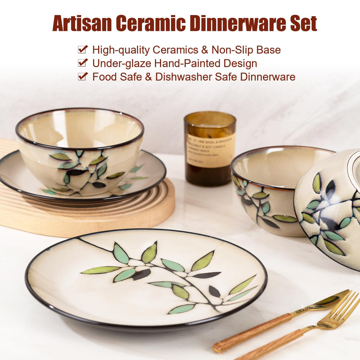 Bamboo Leaf Ceramic Dinner Plates Set of 12, Porcelain Dinnerware for Steak/Salad/Pasta/Dessert, Perfect , Party