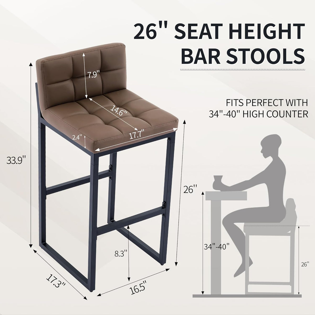 Counter Height Bar Stools Set of 4, Upholstered Barstools with Back, Bar Chairs with Thickened Metal Legs, PU Leather