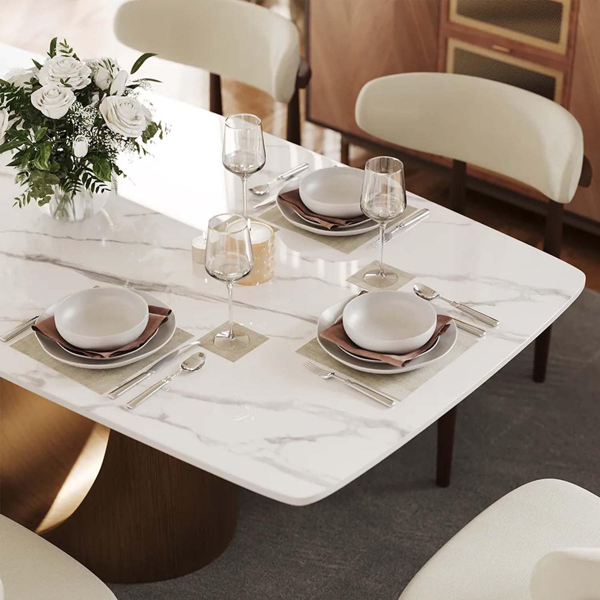 71" Hobart Modern Rectangular Dining Table for 6, Glossy White Sintered Stone Tabletop with Bronze Carbon Steel