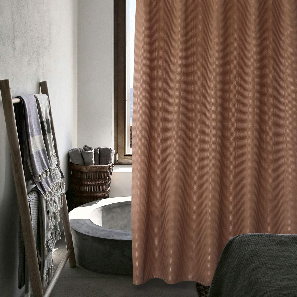 Brown Shower Curtains 72 inches Long Waffle Fabric Farmhouse Modern Square Textured Shower Curtains with Hooks