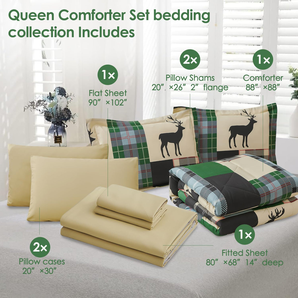 Comforter Set Plaid Patchwork Comforter Bedding-7 Piece Bed in a Bag, Rustic Soft Reversible Microfiber