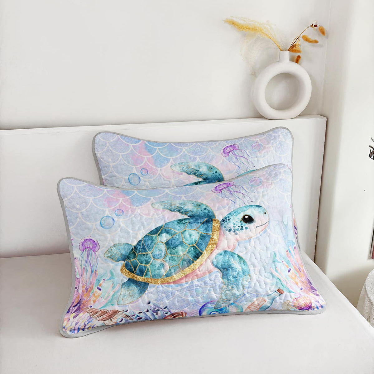 Coastal Bedding, Sea Turtle Quilt Set 2 Pillowcases.