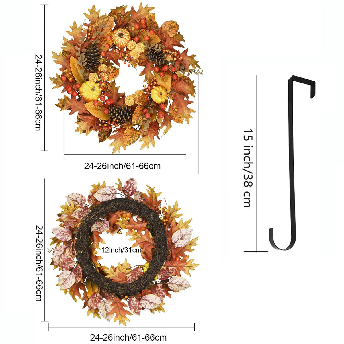 24 Inch Fall Wreath for Front Door, Pumpkin Berry Maple Leaf Autumn Decor