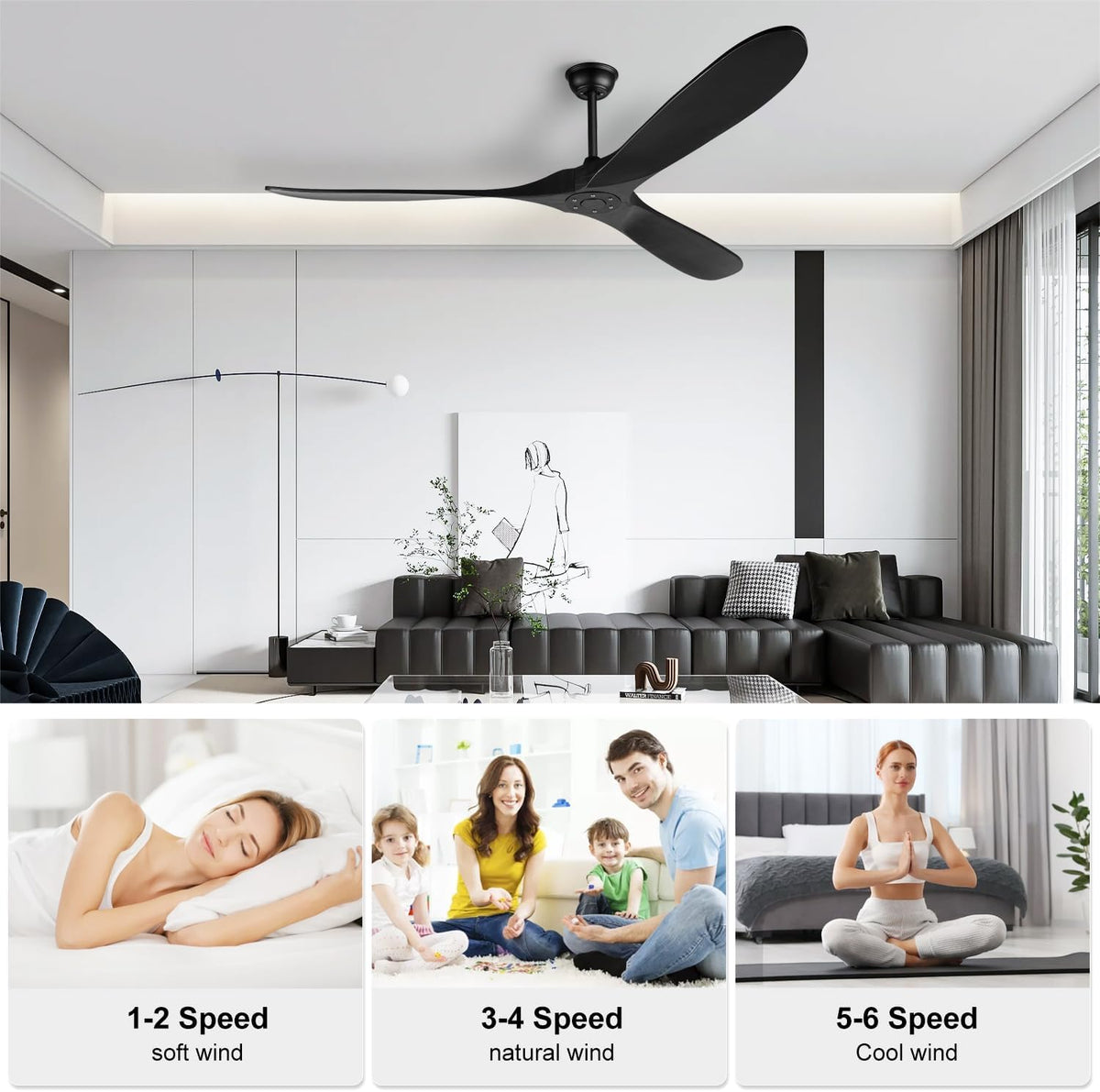 72" Black Indoor/Outdoor Ceiling Fan, No Light