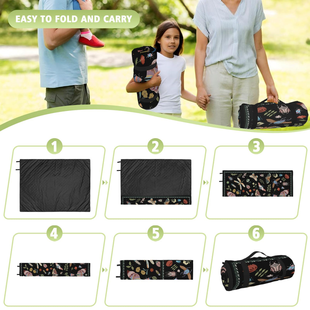 Insect Picnic Blankets Waterproof Foldable, 60′′X80′′ Packable Picnic Mat Boho Outdoor Blanket for Grass, Large Beach