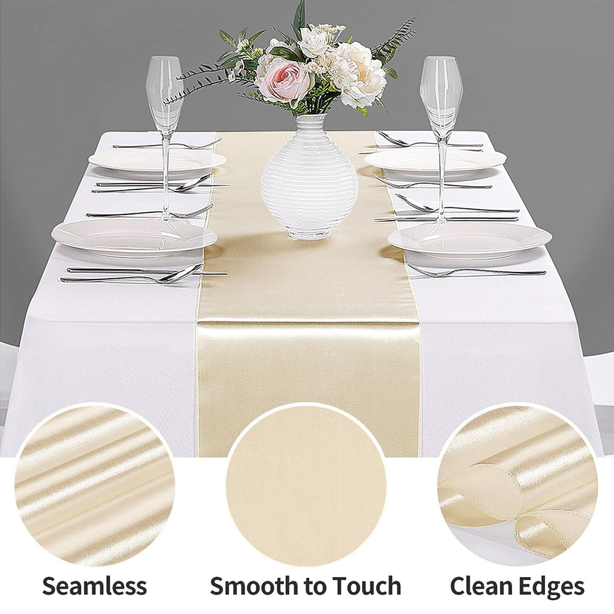 10-Pack Satin Table Runner Champagne 12 x 108 inches Long, Table Runners for Wedding, Birthday Parties, Banquets