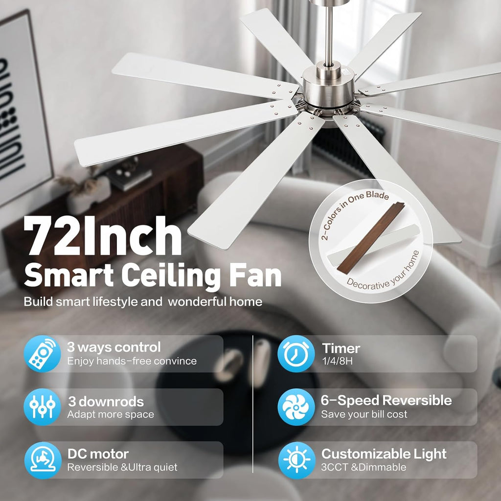 72" Brushed Nickel Ceiling Fan with Light & Remote