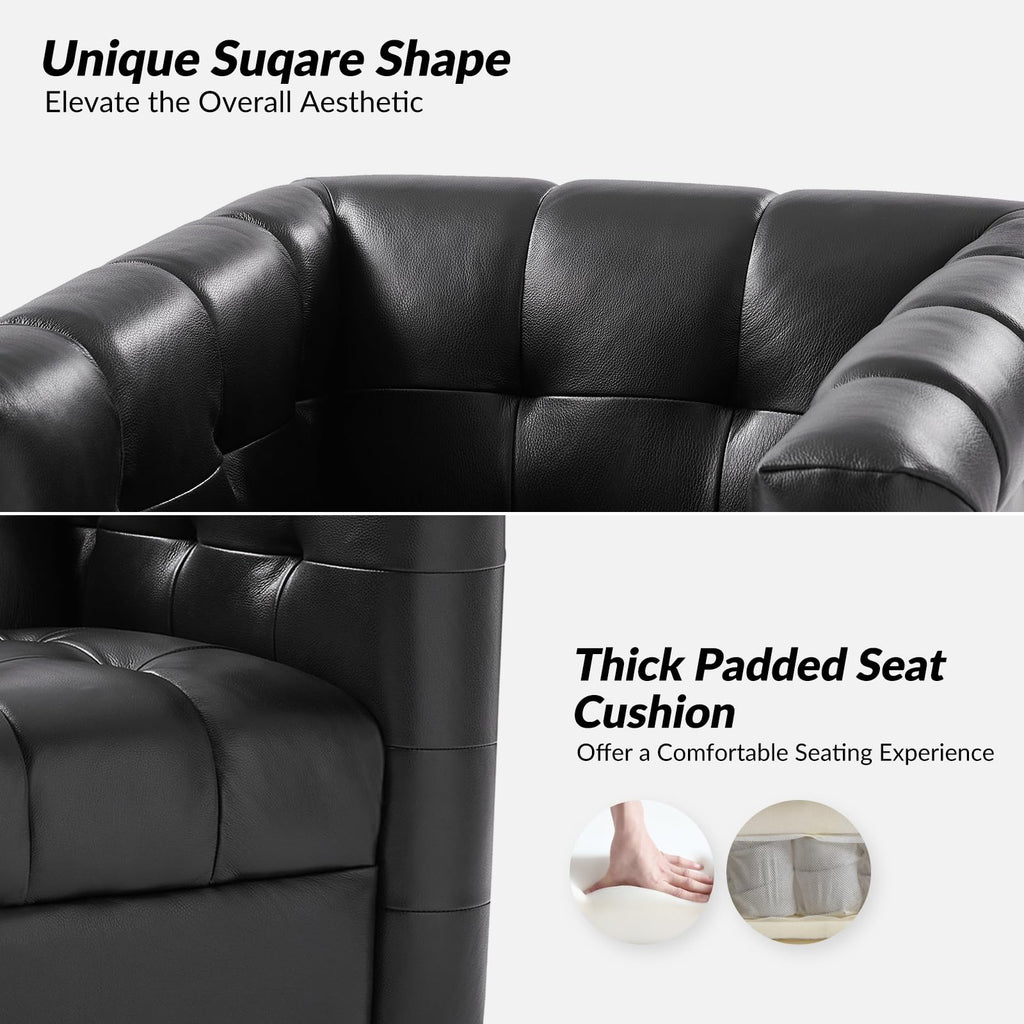Genuine Leather Swivel Accent Chair with Wooden Base, Mid Century Modern Square Accent Chair Bedroom Club, Black