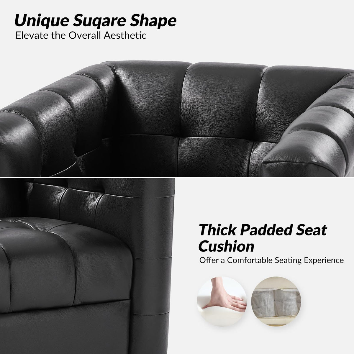 Genuine Leather Swivel Accent Chair with Wooden Base, Mid Century Modern Square Accent Chair Bedroom Club, Black