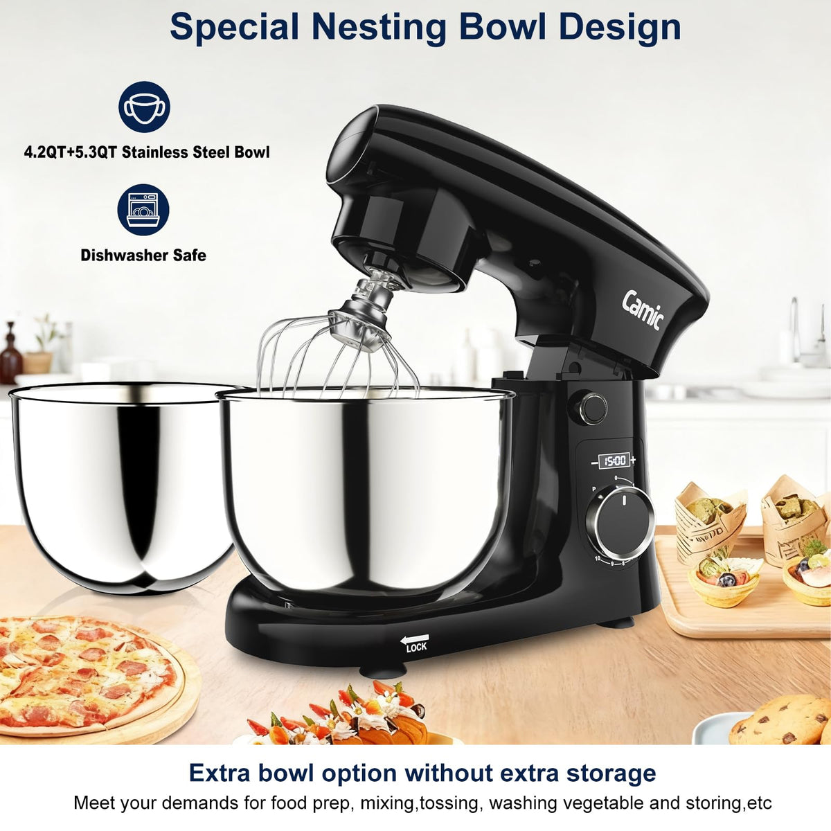 Stand Mixer, 4.2QT+5.3QT Two bowls Electric Mixer,Black