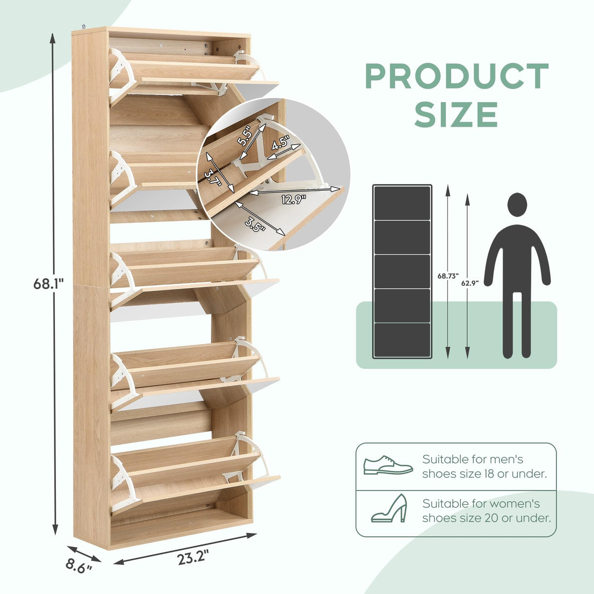 68" Tall Mirror Shoe Cabinet with 5 Flip Drawers, Mirror Silver