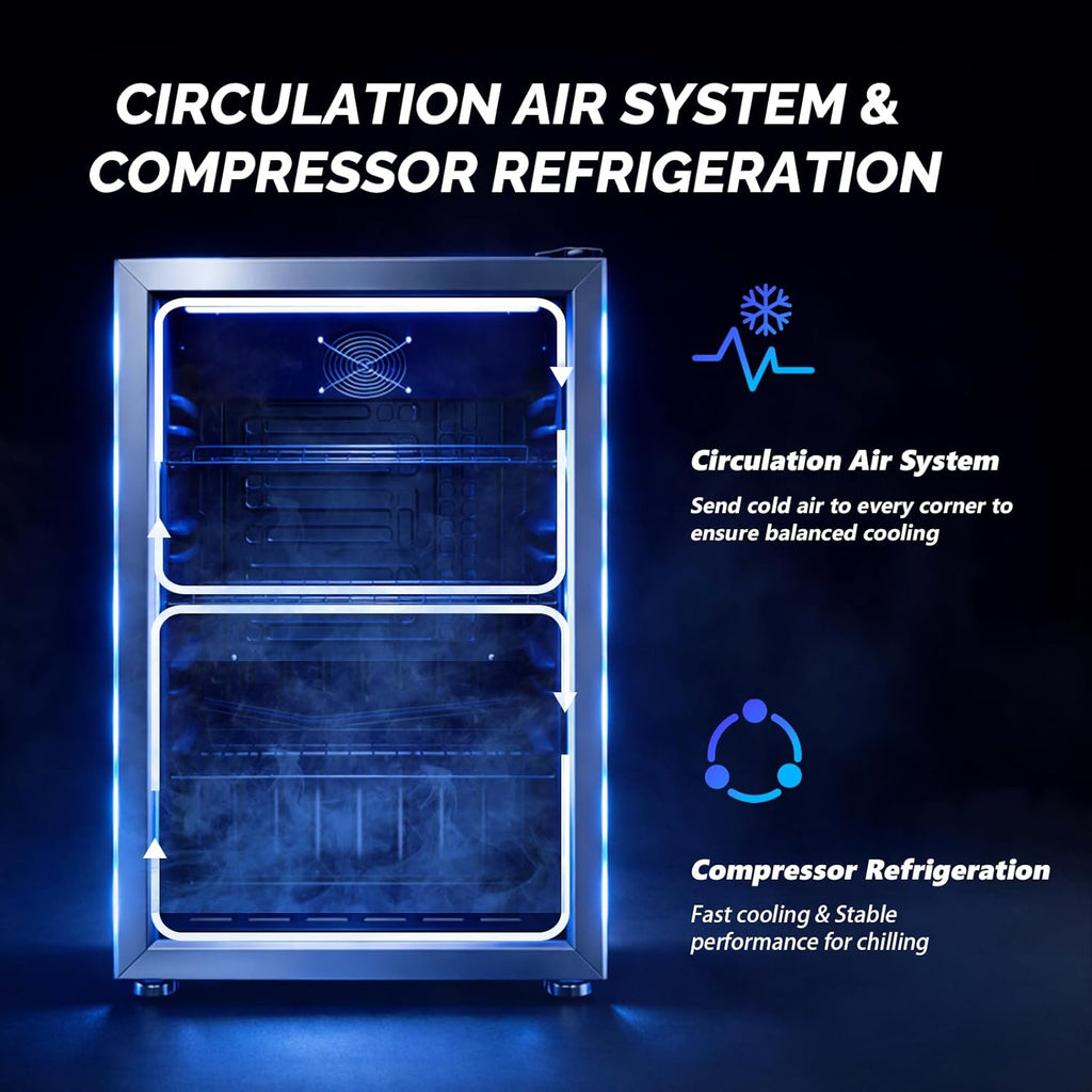 3.3 Cu.Ft. Beverage Refrigerator Cooler with Double Layer Glass Door & Adjustable Shelf
