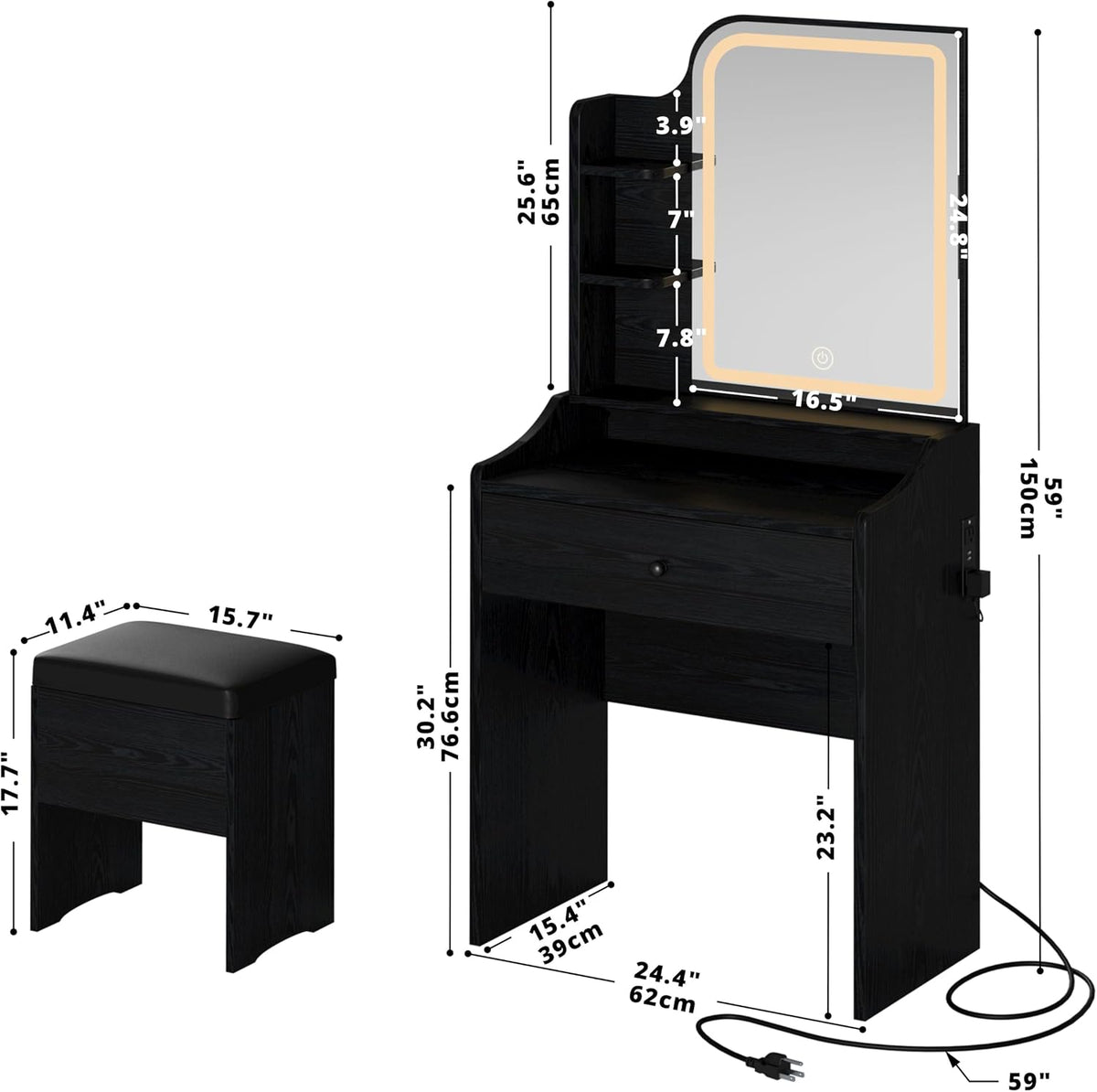 Small Vanity Desk with Mirror Lights and Storage Stool | Black compact vanity with 3 light modes, charging station