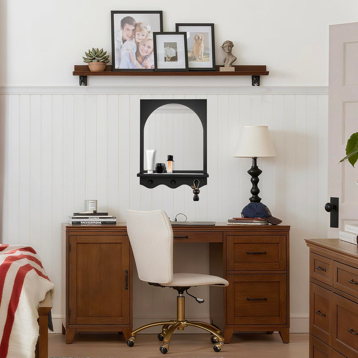 Black 16"x12" Wood Framed Arched Mirror with Shelf and 3 Hooks, Wall Mounted Decorative Real Glass Hanging Mirror
