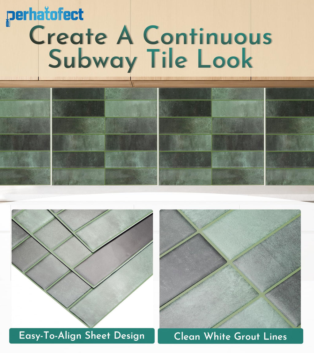 10 Sheets Vintage Green Peel and Stick Subway Wall Tiles, 12 x 12 in